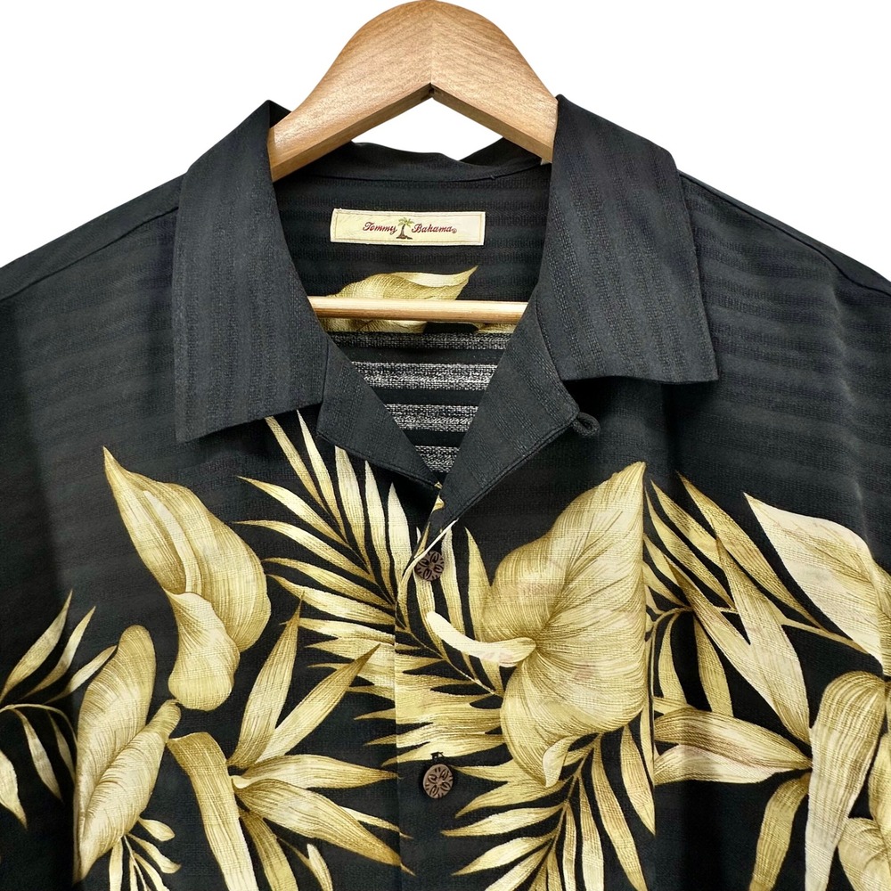 Tommy Bahama Mens‎ Silk Blend Tropical Leaf Border Camp Shirt Black Gold Large